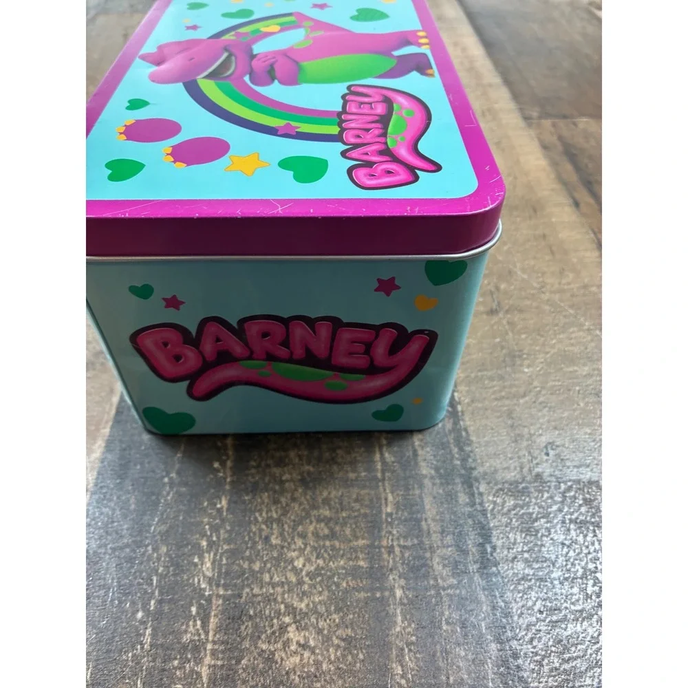 Barney the Dinosaur Metal Storage Tin Collectible Rainbow Friends Teal Purple